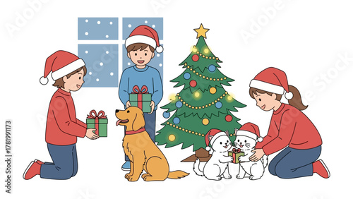 Holiday Cheer: A heartwarming scene unfolds as children, donned in festive attire, exchange gifts and share joyful moments with their beloved pets.
