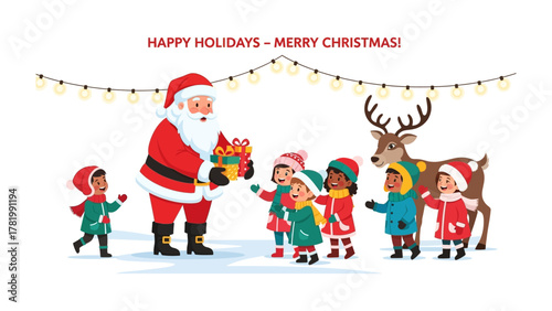 Festive Christmas Scene: Santa Claus, surrounded by a group of delighted children, spreads holiday cheer by distributing gifts under a string of twinkling lights.