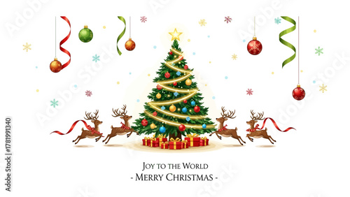 Christmas Tree Celebration: A beautifully decorated Christmas tree stands tall amidst falling snowflakes, surrounded by festive ornaments, gift boxes, and leaping reindeer.