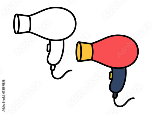 Electric hair dryer with cord and nozzle, shown in outline and colored versions, ideal for salon, grooming, or beauty-themed coloring pages.