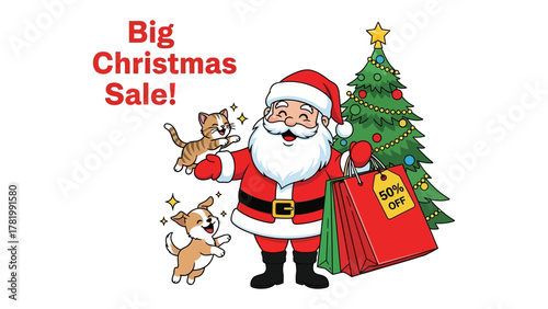 Festive Sales: Santa Claus, embraced by joy and generosity, joyfully showcases a Christmas sale, laden with the spirit of the season