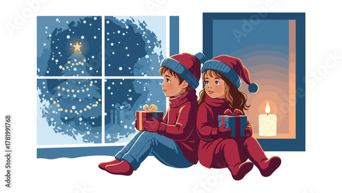 Winter Wonderland's Embrace: Two young children, bundled in warm winter attire, share a tender moment by the window, gazing upon a snow-covered wonderland and a warmly lit Christmas tree.  