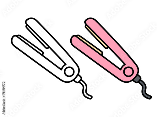 Electric hair straightener with heating plates, shown in outline and colored style, perfect for beauty, salon, or hairstyling-themed coloring pages.
