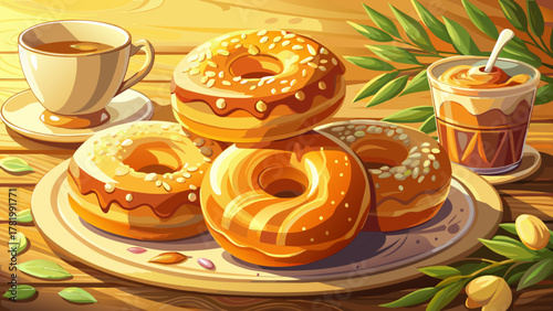 Very beautiful close-up of freshly fried donuts, golden and crispy, arranged invitingly for tea time, with warm natural light and realistic textures creating a cozy dessert scene.