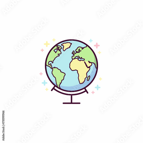A colorful illustration of a globe with stars on a white background, featuring a purple outline and stand.