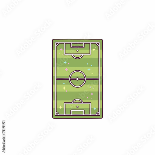 A green soccer field with white lines and colorful dots on a plain white background in a flat 2D illustration style.