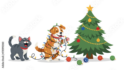 Festive Friends Decorating: A playful scene unfolds with a cat and a dog, joyfully decorating a Christmas tree, the dog entangled in festive lights, exuding the cheer of the season.