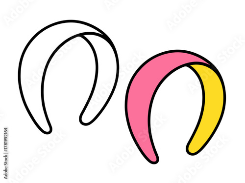 Simple curved headband shown in outline and colored versions, ideal for fashion, dress-up, or accessory-themed coloring pages.