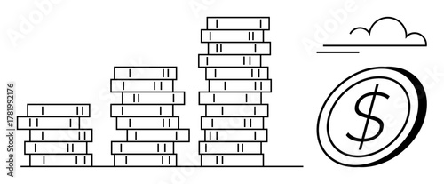 Stacks of coins in ascending order next to a large dollar sign and a cloud outline. Ideal for finance, investment, savings, economic growth, wealth, income, and business planning. Simple flat