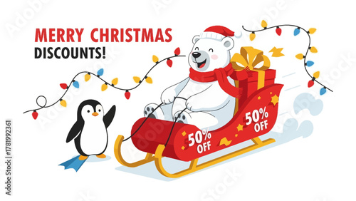 Festive Season of Offers: A polar bear, adorned in festive attire, steers a sleigh laden with presents. Accompanied by a penguin, it announces Christmas discounts.