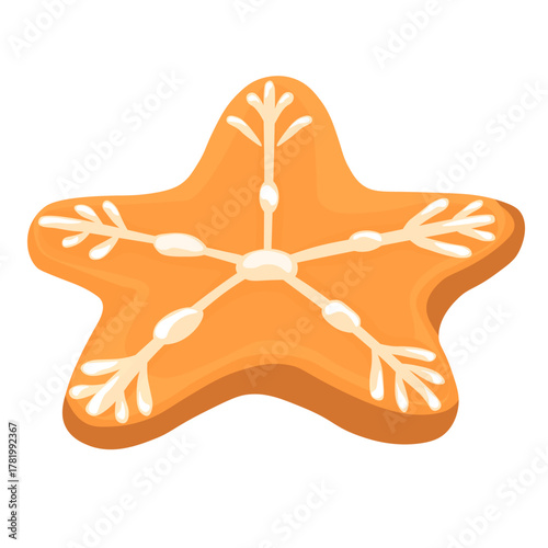 Ginger cookies in the shape of a star with white icing. Christmas dessert. Vector stock illustration. Isolated on a white background.