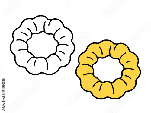 Two elastic hair scrunchies, one plain outline and one colored, simple design for kids or adults to color and customize.