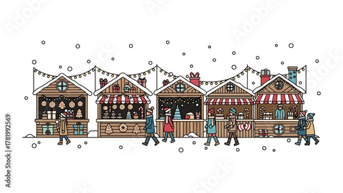 Holiday Market Festivity: Charming stalls line a wintery scene as a festive holiday market buzzes with activity, drawing cheerful crowds in a celebration of the season. 