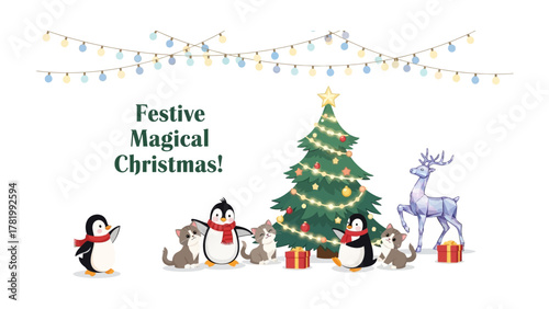 Festive Magical Christmas Scene: A charming illustration captures the magic of the holiday season, with a decorated christmas tree, playful penguins, sparkling fairy lights.