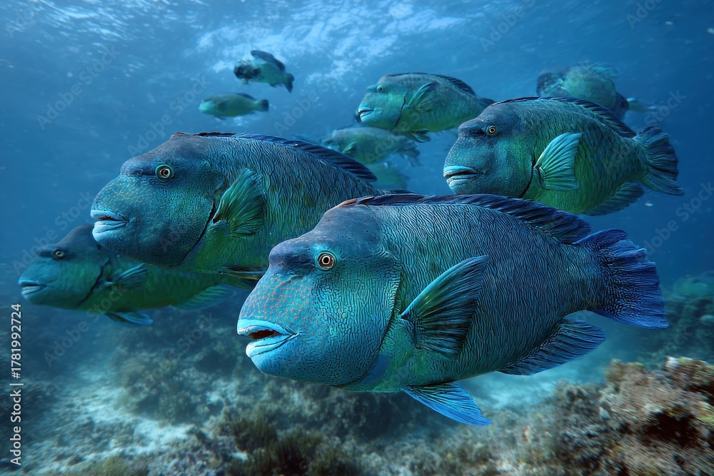 Obraz premium Vibrant School of Bumphead Parrotfish Swimming in Clear Blue Waters of a Vibrant Underwater Ecosystem