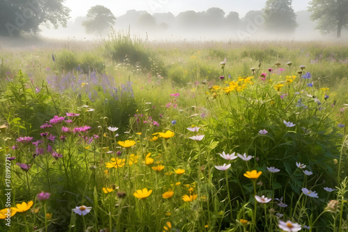 Fototapeta Naklejka Na Ścianę i Meble -  Wildflower meadow under sunlight with yellow daisy, purple blossom, morning mist, soft focus, green grass, serene landscape, summer bloom