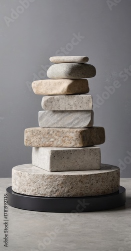 Eco product display podium made of layered stones, minimal environment, clean light grey background.7 