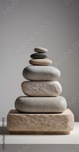 Eco product display podium made of layered stones, minimal environment, clean light grey background.4