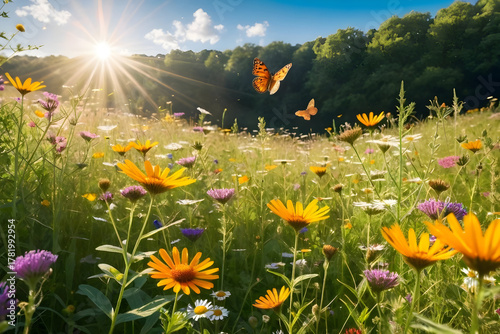 Fototapeta Naklejka Na Ścianę i Meble -  Wildflower meadow under sunlight glows warm with butterflies drifting gentle breeze over grass and hills, joyful nature scene for summer