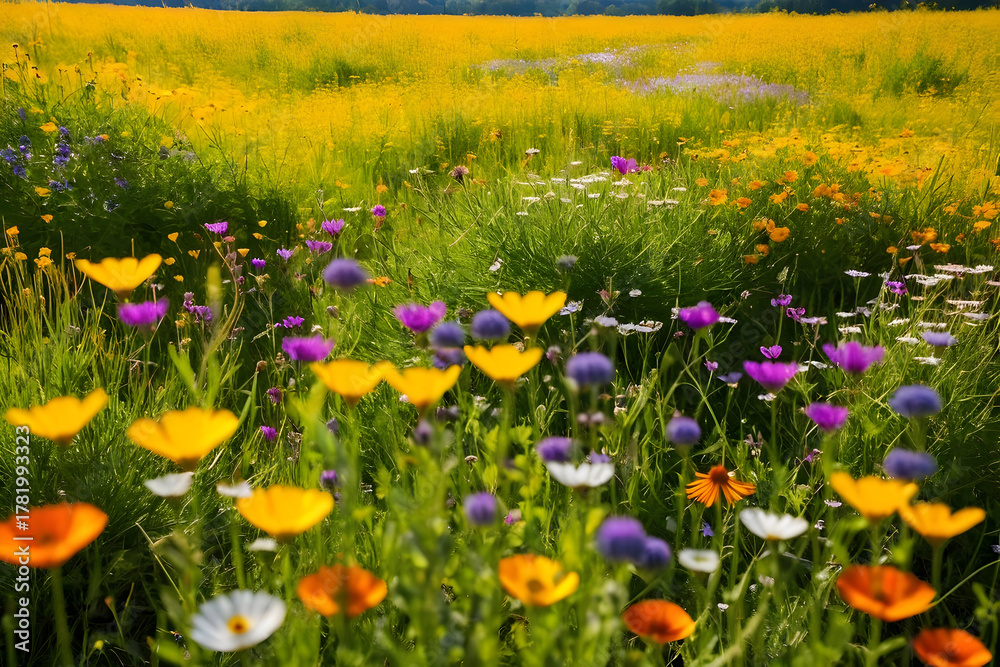 Fototapeta premium Wildflower meadow under sunlight with vibrant bloom, soft focus foreground, summer field, colorful petals, natural beauty, tranquil mood