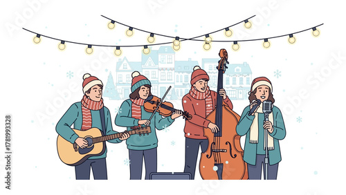Cozy Winter Carols: A cheerful quartet of musicians, clad in warm winter attire, perform a joyous carol beneath the soft glow of fairy lights, creating a warm and inviting atmosphere.