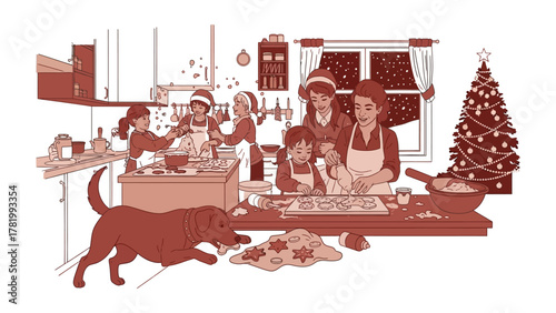 Holiday Baking with Family: A heartwarming illustration of a family gathered in a cozy kitchen, joyfully preparing festive cookies with a dog. Featuring the heartwarming spirit of Christmas 