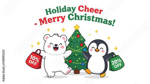 Holiday Cheer: A whimsical illustration of a polar bear and penguin reveling in holiday cheer, holding shopping bags, accompanied by a decorated Christmas tree and festive greeting.