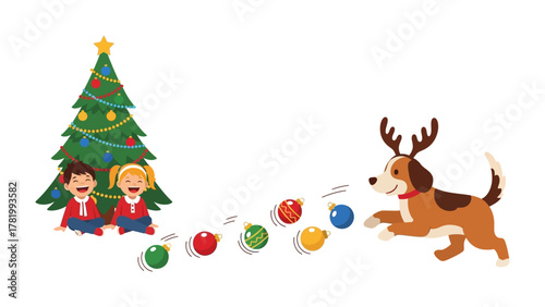 Festive Cheer: The joyous vector artwork depicts a dog dressed with reindeer antler is playful chases Christmas ornaments, while two kids beside the christmas tree.