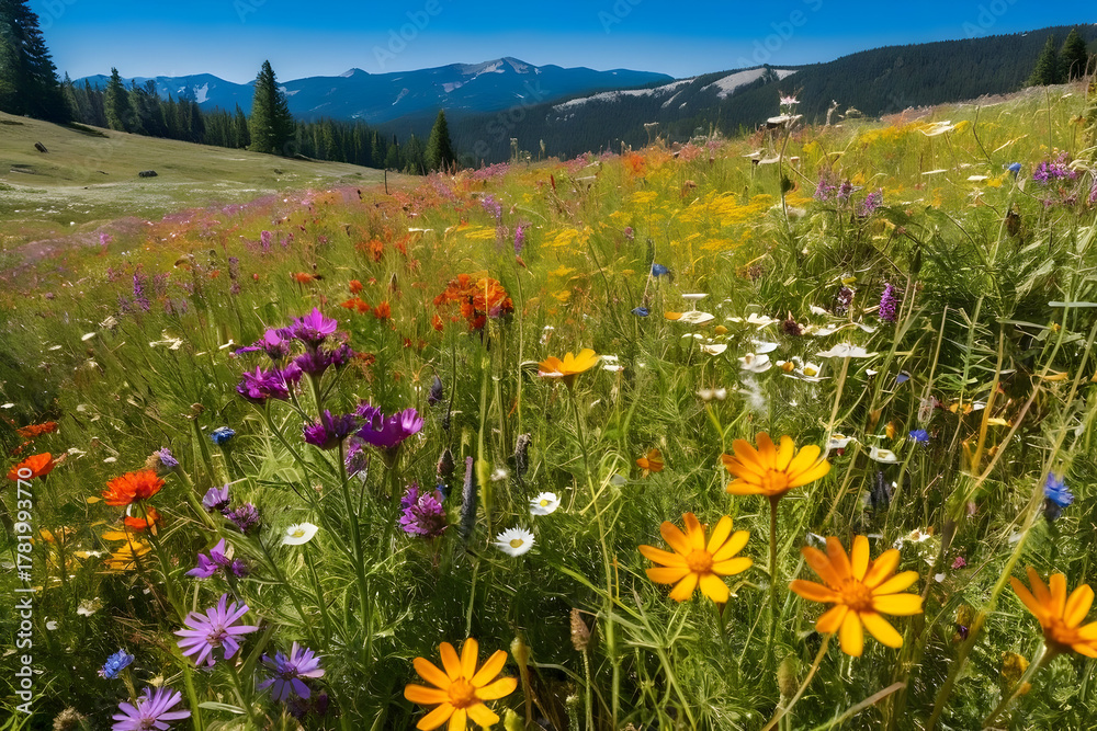 Fototapeta premium Wildflower meadow sunlight, bright petals sway gentle breeze across rolling field, vivid color harmony evokes calm joy near mountain valley