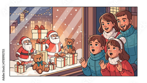 Holiday Cheer: A family, their faces lit with delight, gazes at a festive window display filled with Santa figures, wrapped gifts and plush bears, evoking the spirit of the holiday season.