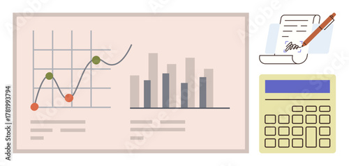 Line graph, bar chart, calculator, and handwritten document highlight financial analysis, budgeting, accounting, planning, education, business strategy and research as a simple flat metaphor