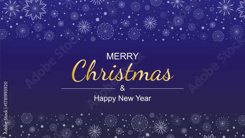 Horizontal banner with Happy New Year and Christmas. Festive blue night layout with congratulatory text and lace. Holiday template with pattern of white snowflakes, vector graphics
