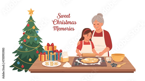Sweet Christmas Memories: A warm illustration of a grandmother and granddaughter baking together, surrounded by festive Christmas decorations.