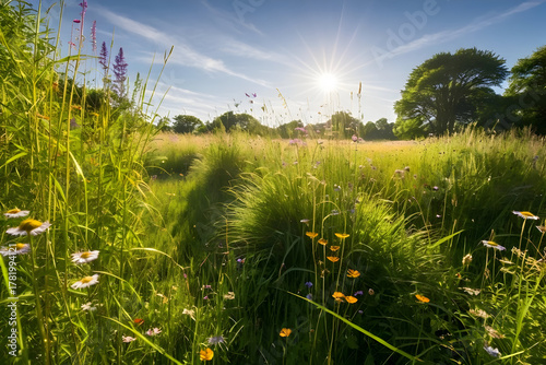 Fototapeta Naklejka Na Ścianę i Meble -  Wildflower meadow under sunlight glows with golden grass, soft breeze, summer field, nature scene, serene landscape, vibrant petals, peaceful mood