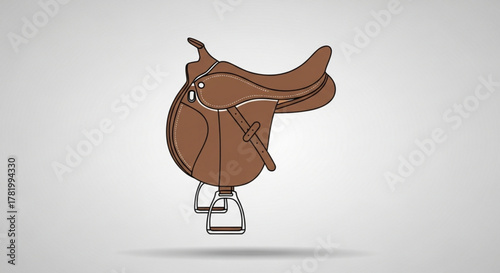 A brown leather saddle with stirrups, used for riding horses, , is a classic piece of equestrian equipment