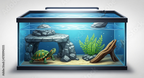 A turtle swims in a detailed aquarium with rocks, plants, and driftwood, creating a realistic underwater environment
