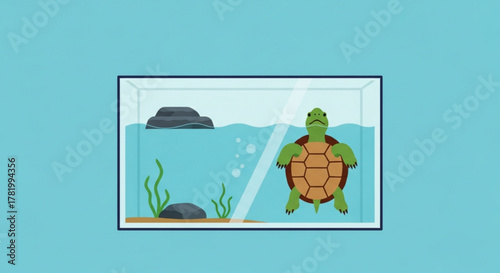 A turtle swims in a glass aquarium with rocks and plants, creating a peaceful underwater scene, isolated on blue background