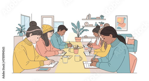 A diverse group of young adults are focused on their writing at a long table in a bright, modern room.