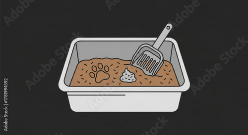 A cat litter box with a scoop and waste isolated on
