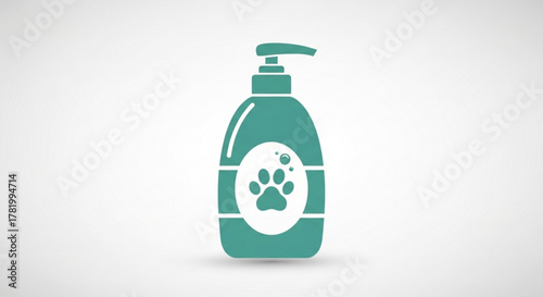 Illustration of a bottle of pet shampoo with a paw print on the label for grooming and hygiene products