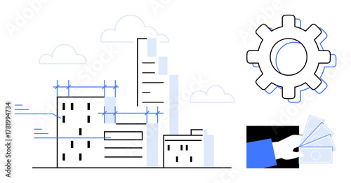 Skyscrapers under construction, gear symbolizing process, hand presenting money. Ideal for business, architecture, engineering, economy, teamwork urban planning innovation. Simple flat metaphor