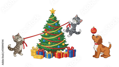 Holiday Mischief: playful kittens playfully tug at a festive Christmas tree, while a cheerful puppy eyes a dangling ornament, setting the scene for a season of joy and light.