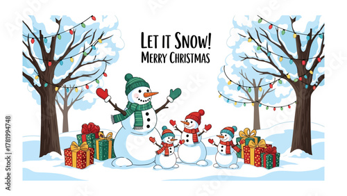 Festive Snow Family: A heartwarming illustration of a snowman family joyfully surrounded by gifts and festive lights, nestled in a snowy winter wonderland, sharing the warmth of Christmas joy.
