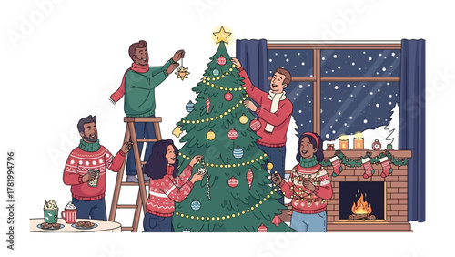 Joyful Holiday Preparations: A diverse group of people decorates a Christmas tree, filled with anticipation and holiday cheer. Embodying the spirit of the festive season.