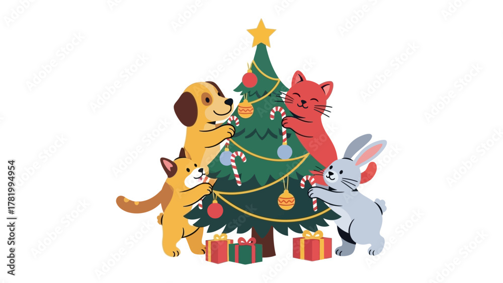 Obraz premium Festive Feline Friends: A cheerful illustration of a dog, two cats and a rabbit decorate a Christmas tree, creating a joyous and festive scene filled with holiday cheer. 