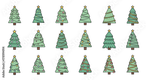 A collection of eighteen illustrated Christmas trees with various festive decorations, arranged in three rows on a white background.