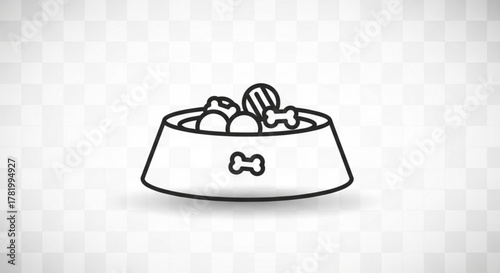 Minimalist outline of a pet food bowl filled with food and toys, isolated on a transparent background for versatile design integration
