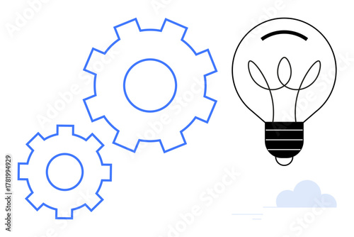 Light bulb with gears symbolizes creativity, idea generation, and workflow improvement. Ideal for innovation, problem-solving, teamwork, strategy, efficiency brainstorming productivity. Simple flat