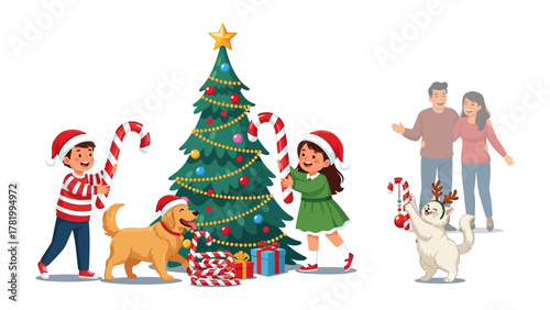 Festive Christmas Moment: A joyous holiday scene unfolds as a family, children and pets, joyfully decorate a Christmas tree with candy canes, spreading cheer and creating cherished memories.