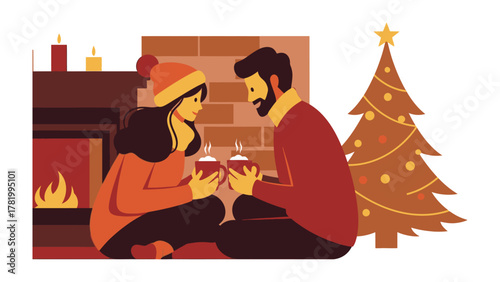 Cozy Christmas Moment: A couple shares a warm and intimate moment, sipping from mugs in front of a fireplace and a Christmas tree, embodying the spirit of warmth and togetherness.